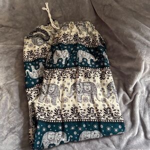 Bohemian Elephant Print Drawstring Pants — Cream & Dark Teal